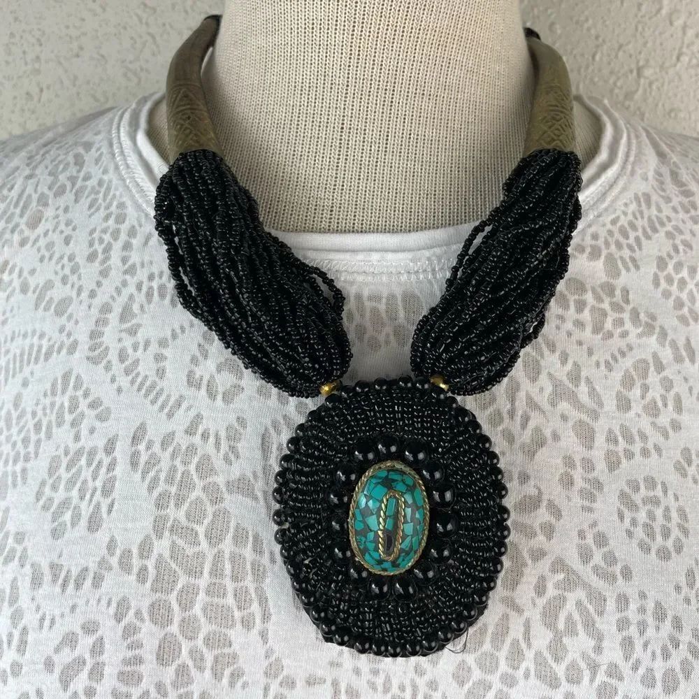 Multi Layered Tribal Seed Bead Necklace with Faux Turquoise Stone